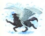  anisis black_fur canine digital_media_(artwork) dog feathered_wings feathers feral fur hybrid mammal open_mouth pawpads paws smile solo standing teeth tongue traditional_media_(artwork) white_feathers wings 