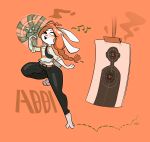  2018 abbi_(kilinah) absurd_res anthro barefoot belt braided_hair breasts clothed clothing dust_to_dust female freckles fur green_eyes gun hair handgun happy hi_res hopping lagomorph leucism long_ears mammal musical_note navel necktie one_eye_closed orange_background orange_hair pants rabbit ranged_weapon revolver schmuccubus simple_background smile solo target target_practice thick_thighs weapon white_fur wide_hips 