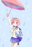  :o ahoge bag blue_background blue_skirt blush bookbag collarbone eyebrows_visible_through_hair holding holding_umbrella loafers necktie nonohara_yuzuko open_mouth pink_eyes pink_hair pleated_skirt rain school_uniform school_uniform_(yuyushiki) serafuku shoes short_hair skirt solo tatsunokosso umbrella water_drop yellow_neckwear yuyushiki 