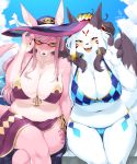  2girls dog fullbokko_heroes furry kame_(3t) long_hair multiple_girls pink_hair purple_eyes sun_hat swimsuit white_hair 