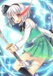  black_hairband black_ribbon blue_eyes bow bowtie collared_shirt commentary dual_wielding eyebrows eyebrows_visible_through_hair floral_print green_skirt green_vest hairband heterochromia highres hitodama holding holding_sword holding_weapon katana kneehighs konpaku_youmu konpaku_youmu_(ghost) light_particles light_rays long_sleeves looking_at_viewer mugicha_(mugicha0929) open_mouth plaid plaid_skirt red_eyes ribbon shirt silver_hair skirt sparkle sword thighs touhou traditional_media vest weapon 