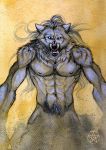  2011 anisis anthro black_lips black_nose canine fangs fur grey_fur looking_at_viewer male mammal muscular muscular_male navel nipples pubes solo teeth traditional_media_(artwork) were werewolf 