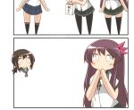  bangs comic commentary_request fubuki_(kantai_collection) green_skirt hair_ornament hairclip kantai_collection kisaragi_(kantai_collection) loafers long_hair low_ponytail mutsuki_(kantai_collection) nanakusa_nazuna neckerchief pantyhose pleated_skirt red_hair ribbon school_uniform serafuku shoes short_hair short_ponytail short_sleeves skirt smile speech_bubble thighhighs 