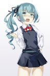  alternate_eye_color alternate_hair_color belt black_ribbon blue_eyes blue_hair commentary_request cowboy_shot dress hand_on_hip kantai_collection kasumi_(kantai_collection) long_hair long_sleeves looking_at_viewer open_mouth pinafore_dress pooor red_ribbon remodel_(kantai_collection) ribbon school_uniform shirt side_ponytail simple_background sleeveless sleeveless_dress solo white_background white_shirt 