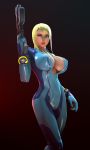  1girl 3d batesz blonde_hair blue_bodysuit blue_eyes bodysuit breasts cameltoe cleavage covered_navel gradient gradient_background gun handgun large_breasts lips looking_at_viewer metroid nintendo open_clothes parted_lips pistol red_background samus_aran solo standing weapon 
