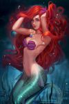  ariel_(disney) armpits arms_up blue_eyes breasts bubble disney eyelashes flower freckles hair_flower hair_ornament highres jewelry long_hair looking_at_viewer medium_breasts mermaid mole monster_girl navel necklace olga_narhova parted_lips pink_flower red_hair shell shell_bikini smile solo the_little_mermaid thick_lips underwater 