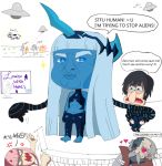  001_(darling_in_the_franxx) 1koma 2boys 2girls bangs barefoot black_hair blue_eyes blue_horns blue_skin comic darling_in_the_franxx dr._franxx english facial_hair facial_scar flying_saucer green_eyes heart_eyes hiro_(darling_in_the_franxx) horns light_blue_hair long_hair looking_at_viewer luneisu mask multiple_girls mustache old_man oni_horns pink_hair red_horns scar short_hair speech_bubble tentacle thick_eyebrows tied_up zero_two_(darling_in_the_franxx) 