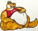  2016 3_fingers 3_toes alfonso_(animal_crossing) animal_crossing anthro barefoot belly big_belly biped bottomless brown_body brown_spots brown_tail claws clothed clothing countershade_face countershade_torso countershading crocodile crocodilian drooling fangs front_view full-length_portrait half-closed_eyes hand_on_stomach hyper hyper_belly long_tail looking_down male marker_(artwork) moobs morbidly_obese nintendo obese open_mouth open_smile overweight overweight_male portrait red_clothing red_topwear reptile saliva scalie shirt simple_background sitting smile snout solo spots spotted_body spotted_tail squidslime thick_thighs toe_claws toes traditional_media_(artwork) two_tone_body video_games white_background white_body white_claws white_countershading 