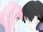  1boy 1girl bangs black_bodysuit black_hair blue_eyes blue_horns bodysuit couple darling_in_the_franxx face-to-face facing_another forehead-to-forehead green_eyes hetero hiro_(darling_in_the_franxx) horns long_hair looking_at_another oni_horns pilot_suit pink_hair red_horns short_hair white_bodysuit zero_two_(darling_in_the_franxx) 