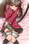  between_legs blush brown_eyes brown_hair heavy_breathing japanese_clothes kantai_collection kariginu kneehighs knees_together_feet_apart lying masturbation miniskirt on_back pleated_skirt ribbon-trimmed_sleeves ribbon_trim rutsubo ryuujou_(kantai_collection) scroll skirt solo tail tears visor_cap 