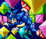  abstract athletic balls big_balls blue_fur blush clothing emeralds floating footwear fur green_eyes happyanthro legwear long_penis male muscular penis shoes socks sonic_(series) sonic_the_hedgehog spread_legs spreading tan_fur 