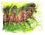  2011 ambiguous_gender anisis black_hair brown_fur equine feral fur green_eyes group hair hooves horse mammal traditional_media_(artwork) 