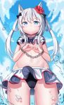  :&lt; absurdres animal_ears azur_lane bangs bare_arms bare_shoulders bikini_skirt black_bikini_bottom black_bow blue_eyes blue_sky blush bow breasts cameltoe cat_ears closed_mouth cloud cloudy_sky cowboy_shot cuffs day eyebrows_visible_through_hair flower from_below glint groin hair_between_eyes hair_bow hair_flower hair_ornament hair_rings hammann_(azur_lane) handcuffs hands_up highres layered_bikini long_hair looking_at_viewer looking_down miniskirt navel outdoors red_flower sidelocks skirt sky small_breasts solo standing starfox1015 stomach twintails underboob v-shaped_eyebrows wading water water_drop wet white_bikini_top white_hair white_skirt 