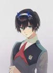  1boy bangs black_hair blue_horns darling_in_the_franxx eyebrows_visible_through_hair green_eyes hair_ornament hairband hiro_(darling_in_the_franxx) horns long_sleeves looking_at_viewer male_focus military military_uniform necktie oni_horns red_neckwear short_hair solo uniform white_hairband 