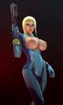  1girl 3d batesz blonde_hair blue_bodysuit blue_eyes bodysuit breasts breasts_outside cameltoe covered_navel gradient gradient_background gun handgun large_breasts lips looking_at_viewer metroid nintendo nipples open_clothes parted_lips pistol red_background samus_aran solo standing weapon 