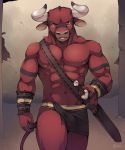  abs anthro armband_tattoo armor bovine bracers bulge cattle clothed clothing fur hooved_fingers horn loincloth looking_at_viewer male mammal melee_weapon muscular muscular_male navel nipples open_mouth outside red_eyes scabbard skimpy solo standing sword tattoo unrealplace weapon 