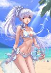  1girl ball beach bikini blue_eyes breasts choker cleavage erect_nipples long_hair looking_at_viewer medium_breasts navel one_eye_closed parted_lips ponytail purple_hair rwby smile solo standing swimsuit weiss_schnee white_hair wink 