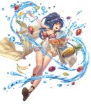  ass_visible_through_thighs banana bangs bare_shoulders blue_eyes blue_hair book braid breasts cleavage collarbone covered_navel cuboon eyebrows_visible_through_hair fire_emblem fire_emblem:_seima_no_kouseki fire_emblem_heroes food fruit full_body highres holding holding_book long_hair long_legs looking_away medium_breasts non-web_source official_art one-piece_swimsuit open_book open_mouth open_toe_shoes pineapple ponytail sandals shiny side_braid sidelocks smile solo sparkle striped striped_towel swimsuit tana toeless_legwear towel transparent_background twin_braids water 