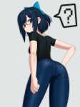  ? bangs black_shirt blue_bow blue_eyes blush bow commentary denim from_behind glasses grey_background hair_bow iwahana jeans looking_at_viewer pants pantylines pocket shirt short_hair short_ponytail simple_background solo t-shirt tokino_sora_channel virtual_youtuber yuujin_a_(tokino_sora_channel) 