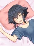  bangs bed_sheet black_hair closed_eyes collarbone drooling eyebrows_visible_through_hair from_above girls_und_panzer grey_shirt hair_between_eyes highres lying on_back open_mouth pepperoni_(girls_und_panzer) pillow ruka_(piyopiyopu) shirt short_hair_with_long_locks short_sleeves sidelocks sleeping solo upper_body 