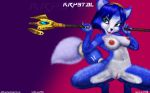  2018 5_fingers absurd_res anthro areola barefoot black_nose blue_eyes blue_fur blue_hair breasts canine claws digital_media_(artwork) dipstick_tail english_text female fox fur green_eyes hair hairband hi_res holding_object jewelry krystal mammal markings multicolored_tail navel nintendo nipples nude open_mouth pussy short_hair simple_background smile solo staff star_fox tailband teeth text thick_thighs tongue tribal_markings url v-tal video_games weapon white_fur 