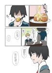  2boys bangs black_hair blonde_hair blue_eyes bread colored comic darling_in_the_franxx eyebrows_visible_through_hair food food_in_mouth glasses gorou_(darling_in_the_franxx) hiro_(darling_in_the_franxx) holding holding_food honeycomb_background long_sleeves male_focus military military_uniform multiple_boys necktie red_neckwear short_hair speed_lines translation_request uniform 