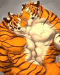  2018 abs anthro biceps captainjohkid eyes_closed feline fur hi_res male mammal muscular nude pecs simple_background tiger tongue 