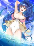  alternate_costume arm_behind_head armpits bare_shoulders blue_eyes blue_hair blue_sky blush braid breasts cleavage cloud collarbone commentary dark_blue_hair day eyebrows_visible_through_hair fire_emblem fire_emblem:_seima_no_kouseki fire_emblem_heroes highres large_breasts light long_hair looking_at_viewer nekolook open_mouth ponytail sky solo swimsuit tana thighs twin_braids wading water_drop 