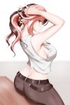  1girl adjusting_hair alfred_cullado arms_behind_head arms_up ass bare_shoulders belt blush breasts brown_hair brown_pants butt_crack cleavage from_behind hands_in_hair jewelry large_breasts lips long_hair looking_at_viewer looking_back multicolored_hair necklace neo_(rwby) no_bra pants parted_lips patreon_reward pink_eyes pink_hair rwby shiny shiny_hair shiny_skin shirt sitting solo transparent_background two-tone_hair white_hair 