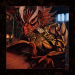  2018 4_fingers anthro armor detailed_background digital_media_(artwork) dragon horn male noctem-tenebris red_scales ridged_horn scales solo teeth yellow_eyes 