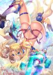  1girl aguy ass bangs bare_shoulders blonde_hair blue_eyes blush bradamante_(fate/grand_order) braid breasts elbow_gloves energy_shield fate/grand_order fate_(series) floating floating_hair french_braid gloves hair_between_eyes holding holding_shield holding_spear holding_weapon large_breasts leotard long_hair looking_at_viewer medium_breasts polearm shield skindentation smile solo spear thigh_strap thighs twintails very_long_hair weapon 