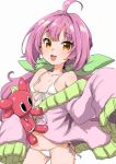  ahoge azuchi_momo bikini bow breasts buttons clearite collarbone commentary eyebrows_visible_through_hair fang green_bow hair_bow holding holding_stuffed_animal long_hair looking_at_viewer micro_bikini navel nijisanji open_mouth pink_hair pink_hoodie side-tie_bikini sleeves_past_fingers sleeves_past_wrists small_breasts smile stuffed_animal stuffed_toy sweatdrop swimsuit virtual_youtuber white_bikini yellow_eyes 