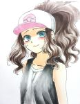  1girl baseball_cap blue_eyes breasts brown_hair closed_mouth creatures_(company) game_freak hat highres long_hair looking_at_viewer nintendo pokemon pokemon_special simple_background small_breasts smile solo upper_body white_(pokemon) white_background 