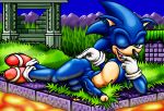  absurd_res balls blue_fur brick buckle clothing column finger_in_mouth footwear forest fur gloves grass green_eyes happyanthro hi_res lava legwear male mountain one_eye_closed penis pillar ruins shoes socks solo sonic_(series) sonic_the_hedgehog tan_fur teeth tongue tree wink 