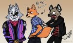  aggressive_retsuko anthro blush canine clothed clothing distracted fox fully_clothed habiyeru haida hyena male male/male mammal meme nintendo star_fox video_games wolf wolf_o&#039;donnell 