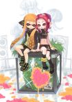  arm_support asymmetrical_clothes black_footwear boots closed_eyes commentary fangs heart highres inkling jacket leaning_on_person matchaneko midriff multiple_girls navel octarian octoling open_mouth orange_hair pink_hair plant pointy_ears skirt smile splatoon_(series) splatoon_2 splatoon_2:_octo_expansion squidbeak_splatoon stomach tentacle_hair wristband yuri zipper_pull_tab 