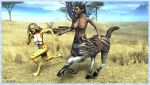  3d_(artwork) animal_humanoid blonde_hair border breasts brown_hair cat_humanoid centaur daz3d dazstudio digital_media_(artwork) duo equine equine_taur feline female hair hi_res hooves humanoid mammal multi_breast mythical nipples nude outside running savanna spots stripes taur xlef 