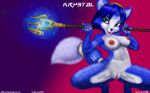  2018 5_fingers absurd_res anthro areola barefoot black_nose blue_fur blue_hair breasts canine claws digital_media_(artwork) dipstick_tail english_text female fox fur green_eyes hair hairband hi_res holding_object jewelry krystal mammal markings multicolored_tail navel nintendo nipples nude open_mouth pussy short_hair simple_background smile solo staff star_fox tailband teeth text thick_thighs tongue tribal_markings url v-tal video_games weapon white_fur 