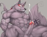  2018 abs anthro biceps black_nose canine captainjohkid claws cum cumshot ejaculation eyes_closed fur grey_fur hi_res humanoid_penis male mammal muscular muscular_male nude orgasm pecs penis simple_background solo teeth wolf 