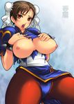  bracelet breasts brown_eyes brown_hair bun_cover china_dress chinese_clothes chun-li double_bun dress eyeshadow jewelry large_breasts makeup pantyhose pelvic_curtain sash short_hair solo spiked_bracelet spikes street_fighter yoko_juusuke 