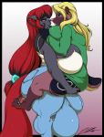  2018 absurd_res anthro bear big_breasts black_border blonde_hair blue_eyes border breasts bulge clothed clothing deonwolf dickgirl duo eye_contact female gradient_background hair hand_on_face hi_res hyper hyper_bulge intersex lilika_snowheart long_hair mammal nintendo pok&eacute;mon pok&eacute;mon_(species) red_hair signature simple_background torn_clothing video_games zoroark zozo_bernada 