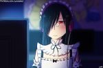  alternate_costume artist_name black_hair commentary cosplay crossdressing english_commentary enmaided fafnir_(maidragon) glasses hair_over_one_eye headphones kobayashi-san_chi_no_maidragon lipstick lumineko maid maid_headdress makeup pince-nez re:zero_kara_hajimeru_isekai_seikatsu red_eyes signature 