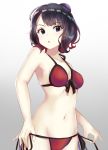  bikini black_eyes black_hair commentary_request cosplay cowboy_shot fate/grand_order fate_(series) fine_art_parody gakuon_(gakuto) hair_bun katsushika_hokusai_(fate/grand_order) looking_at_viewer mordred_(fate)_(all) mordred_(swimsuit_rider)_(fate) mordred_(swimsuit_rider)_(fate)_(cosplay) parody red_bikini short_hair side-tie_bikini solo swimsuit 