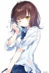  blue_neckwear blue_skirt blush bottle bow bowtie brown_hair closed_mouth commentary looking_at_viewer medium_hair myuton one_eye_closed original pleated_skirt ramune revision school_uniform shirt short_sleeves simple_background skirt solo white_background white_shirt yellow_eyes 