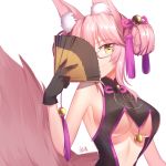  animal_ear_fluff animal_ears bangs bare_shoulders black_dress black_gloves blush breasts brown_eyes closed_mouth commentary_request double_bun dress eyebrows_visible_through_hair fan fate/grand_order fate_(series) folding_fan fox_ears fox_girl fox_tail glasses gloves gogatsu_fukuin hair_between_eyes hair_ribbon hand_up head_tilt highres holding holding_fan large_breasts long_hair pink_hair pink_ribbon ribbon side_bun simple_background sleeveless sleeveless_dress smile solo tail tail_raised tamamo_(assassin)_(fate) tamamo_(fate)_(all) underboob white_background 