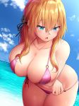  anchor_hair_ornament arms_under_breasts bangs bare_shoulders beach bikini blonde_hair blue_sky blush breast_hold breasts cleavage collarbone commentary_request crossed_arms day eyebrows_visible_through_hair hair_between_eyes hair_ornament highres hips huge_breasts kantai_collection leaning_forward long_hair looking_down looking_to_the_side low_twintails o-ring ocean oekakizuki open_mouth pink_bikini prinz_eugen_(kantai_collection) sky solo swimsuit thigh_gap thighs twintails wet 