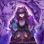  2018 :d arm_ribbon bangs black_dress black_hair bow bowtie box_(hotpppink) center_frills company_name double-breasted dragon dragon_horns dress frilled_bow frilled_dress frilled_shirt_collar frilled_sleeves frills gem glowing gold_trim gothic_lolita hair_between_eyes hair_bow hand_puppet hands_up horns light_particles lolita_fashion long_hair long_sleeves looking_at_viewer no_pupils official_art open_mouth pink_eyes print_dress puppet purple_bow purple_neckwear purple_ribbon revolve ribbon shiny shiny_hair shirt sidelocks smile standing very_long_hair watermark wavy_hair white_shirt 