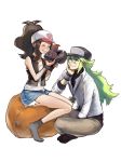  1boy 1girl artist_name baseball_cap black_vest blue_eyes brown_hair creatures_(company) denim denim_shorts eyes_closed game_freak gen_5_pokemon green_hair hand_on_own_cheek hat high_ponytail highres idarintarou jewelry long_hair looking_at_another n_(pokemon) necklace nintendo pokemon pokemon_(creature) pokemon_(game) pokemon_bw ponytail shirt short_shorts shorts sidelocks simple_background sitting sleeveless sleeveless_shirt smile socks touko_(pokemon) very_long_hair vest white_background white_shirt wristband zorua 