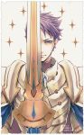  armor arondight fate/grand_order fate_(series) holding holding_sword holding_weapon lancelot_(fate/grand_order) looking_at_viewer male_focus purple_eyes purple_hair shioika short_hair solo sparkle sword weapon 