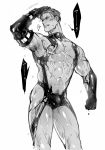  blood bodysuit clenched_hand clenched_teeth contrapposto cowboy_shot dark_skin dark_skinned_male ez_do_dance greyscale hand_on_head highres king_of_prism_by_prettyrhythm looking_at_viewer male_focus monochrome nipples pretty_rhythm revealing_clothes simple_background solo standing sweat teeth torawar torn_bodysuit torn_clothes white_background yamato_alexander 